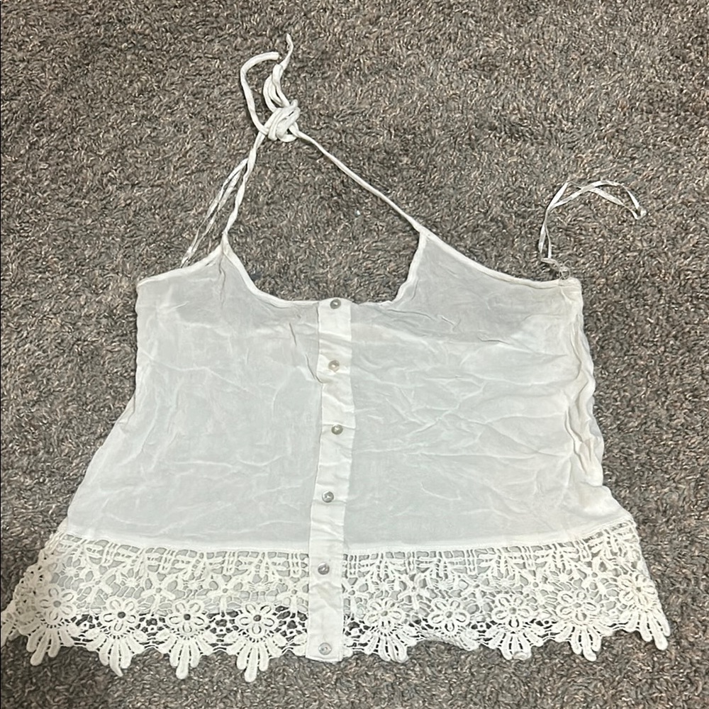 Cotton Candy Cream Sleeveless Crop Top with Embellished Lace